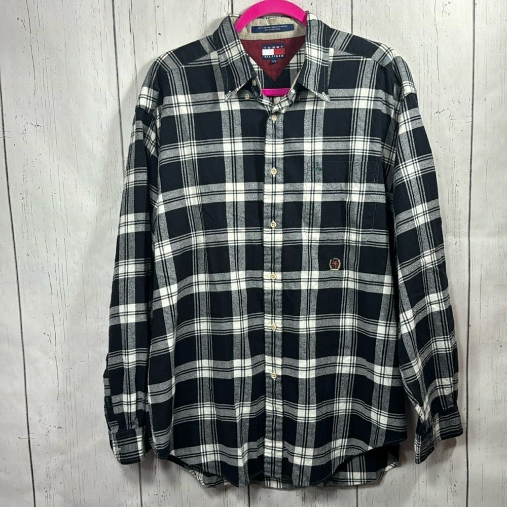 Tommy Hilfiger Vintage Mens Black Plaid Long Sleeve Button Up Casual Shirt